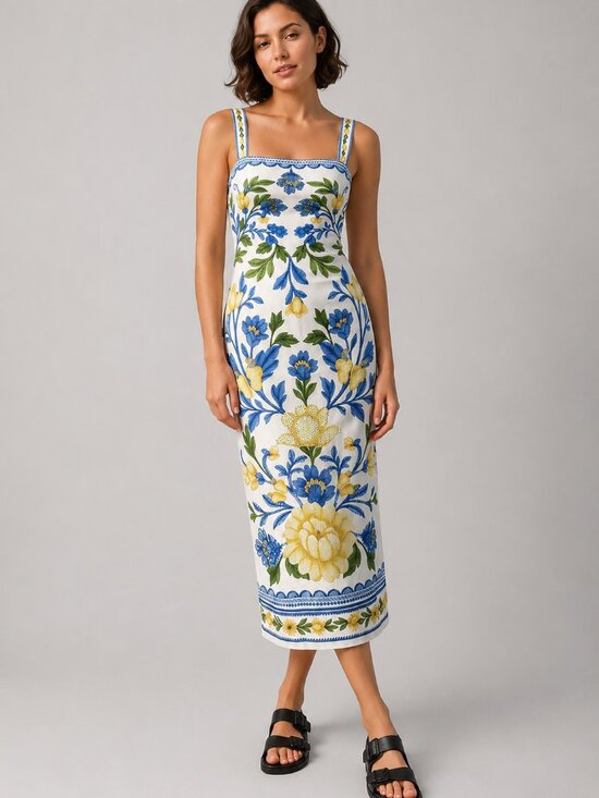 Dresses & Skirts - Women's White Blue Yellow Floral Midi Sundress Sleeveless Vacation Resort Dress